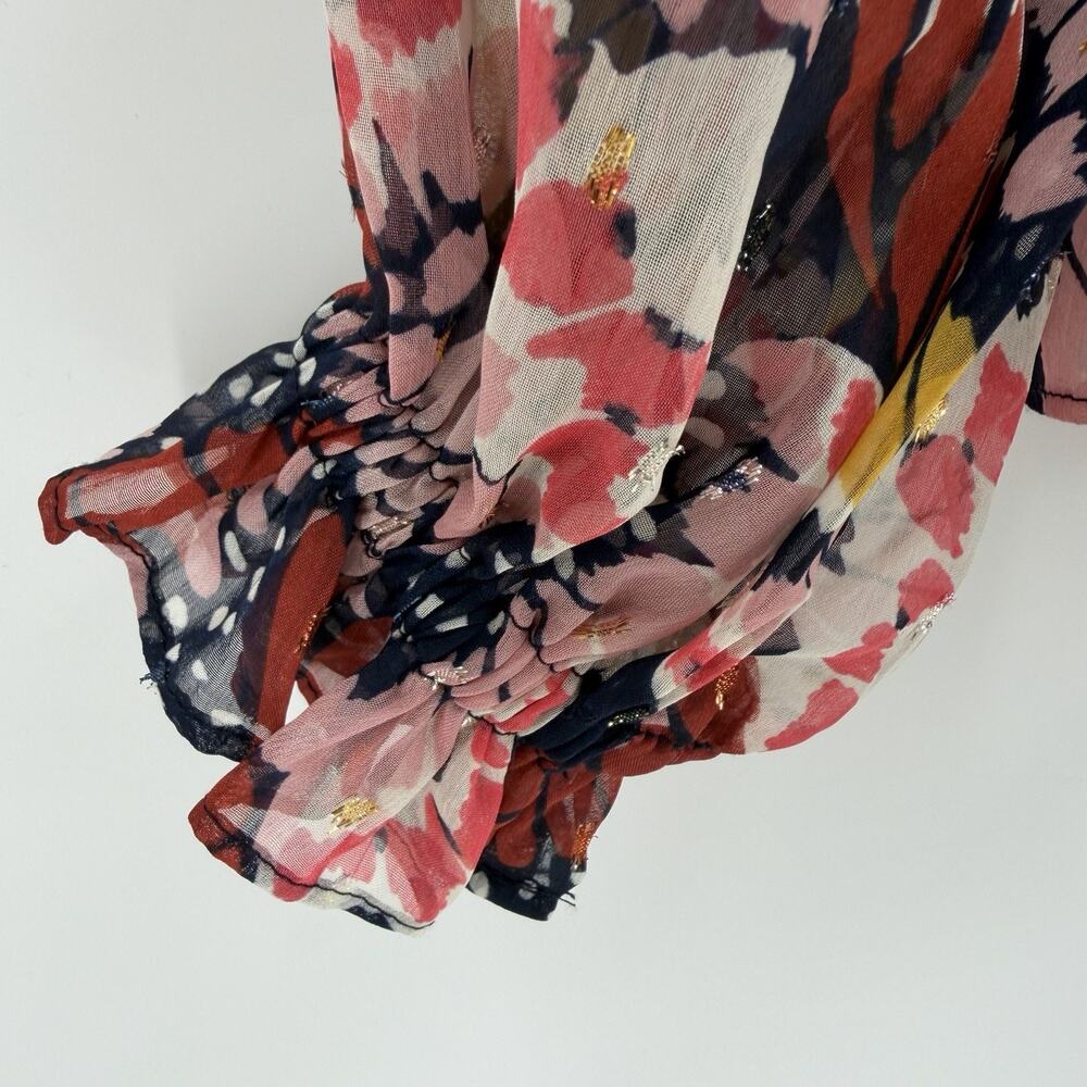 NEW BODEN Butterfly Ruffle Neck Shirt Multicolor Sheer Blouse Ruffled Cuffs US-2 - Picture 4 of 12